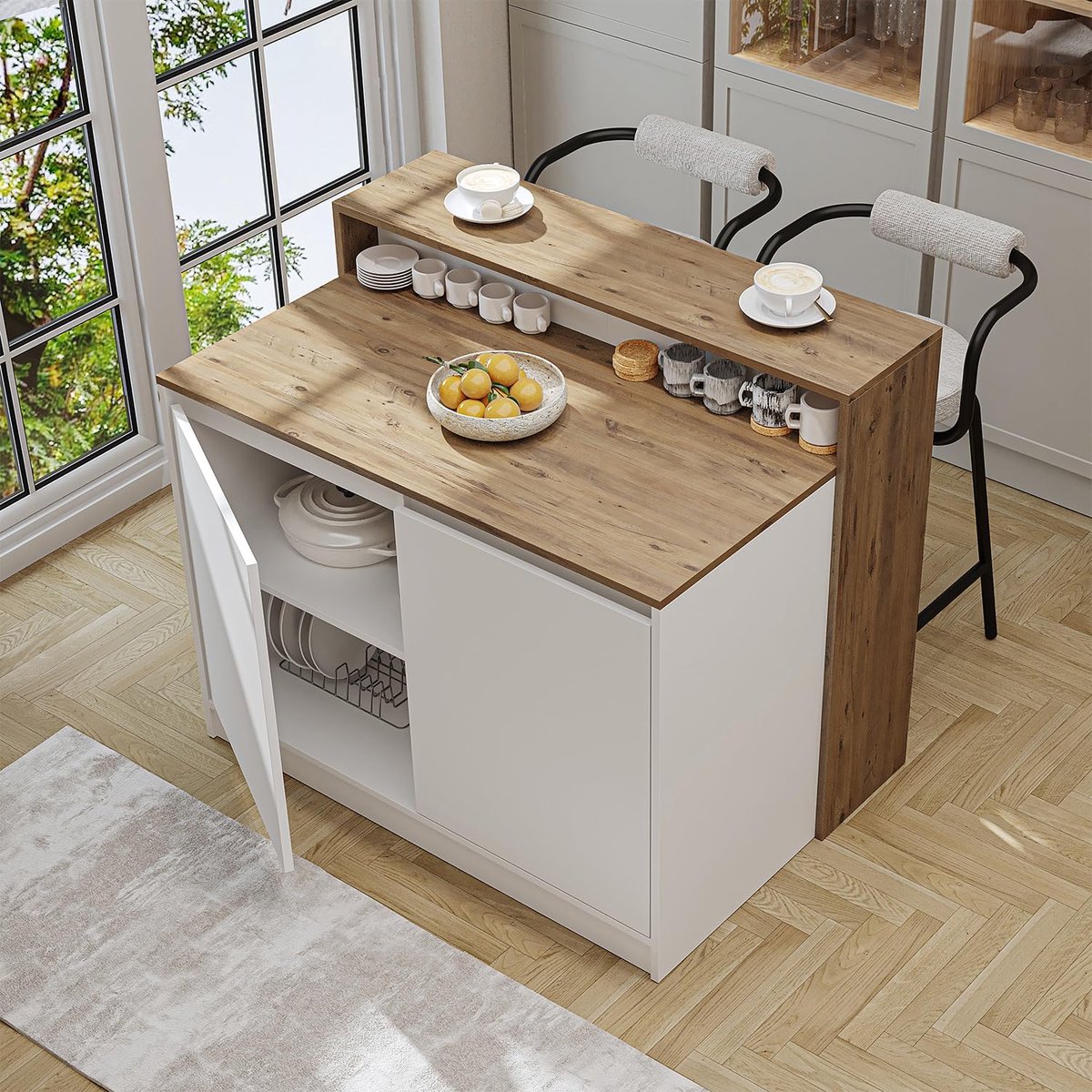 Keukeneiland met Opbergruimte 120x80x100 cm – Moderne Bartafel & Keukentafel met 4 Open Vakken, Ruimtebesparend Design voor Keuken en Eetkamer – Wit Eiken – Mobili Bella