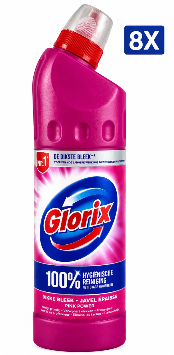 Glorix WC Powergel Pink Flower 750 ml - Set van 8 Flessen (6 L Totaal) - Toiletreiniger met Anti-Kalk Werking - Werkt ook Onder Water - Frisse Bloemengeur - Voordeelverpakking