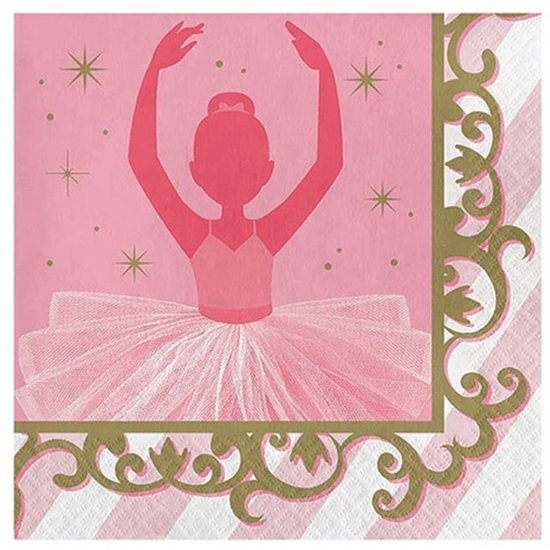 Roze servet met een silhouet van een ballerina in een tutu, omringd door sterren en versierd met gouden krullen.