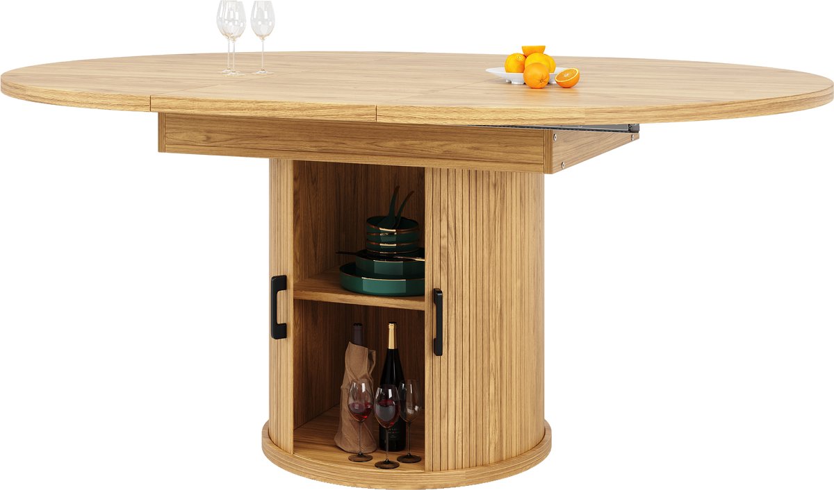 Notenkleur MDF uitschuifbare eettafel met opbergruimte voor eetkamer 118-158cm
