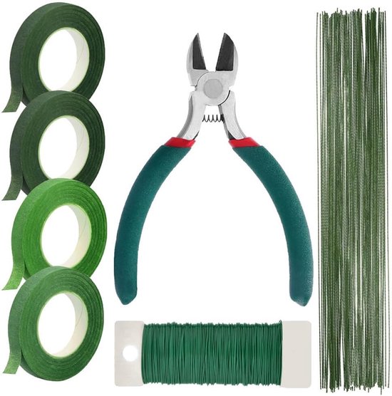 Bloemschikbenodigdheden: bloementape, draadknipper, groen bloemendraad en stengeldraad.