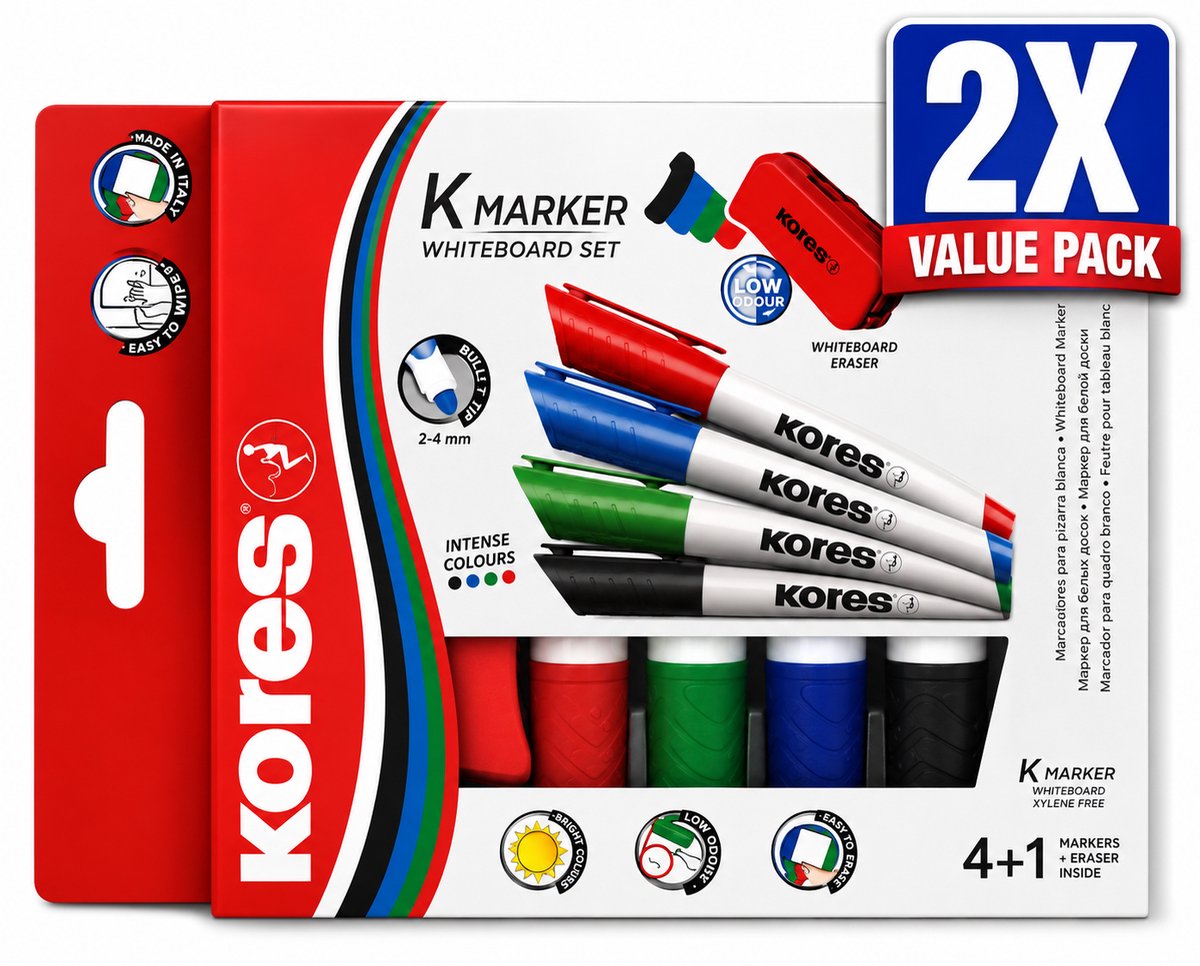 Kores Whiteboard Markers Set van 4 Kleuren met Bordwisser - Voordeelverpakking van 2 Etuis (8 Stiften + 2 Bordwissers) - Ronde Punt 3 mm - Uitwisbaar voor Whiteboard