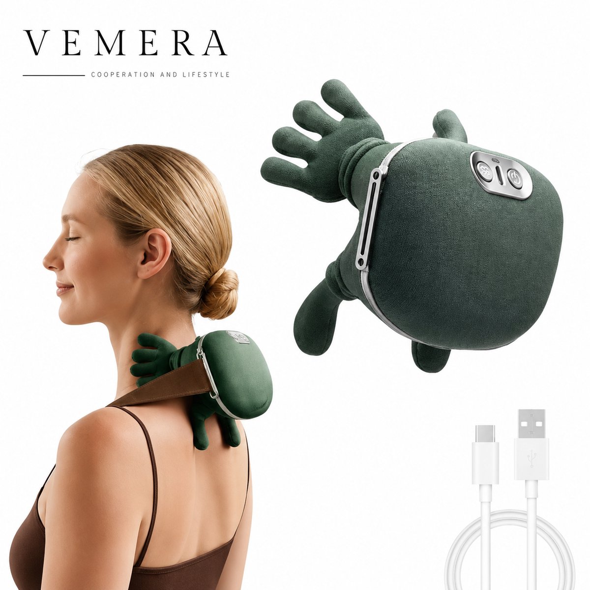 Vemera nekmassage apparaat - massagekussen - spiermassage - draadloos - groen