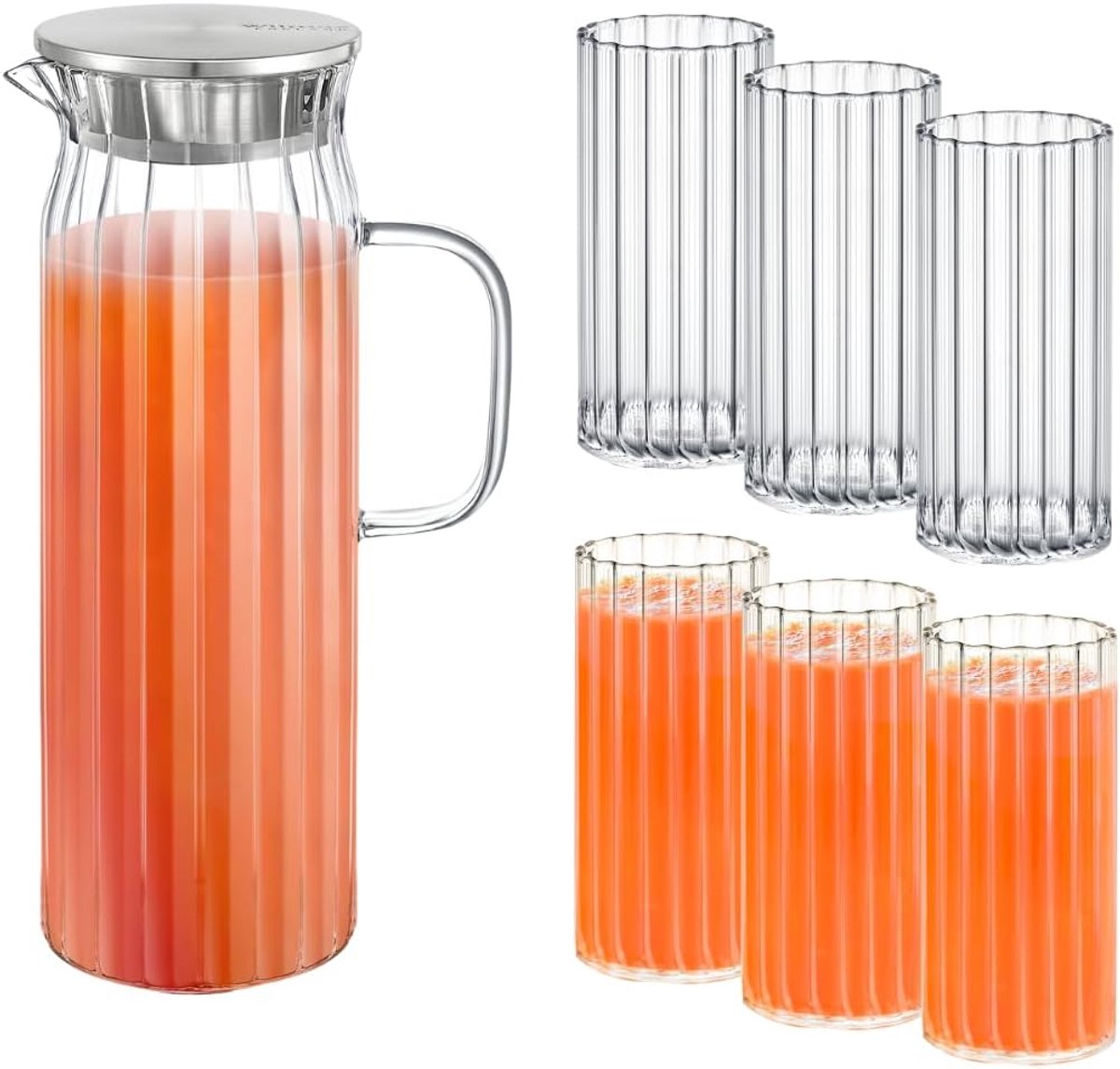 Wilmax England Crystalline - Waterkan met Glazen Set - 1500 ml Karaf - 6x 300 ml Glazen - Met RVS Deksel