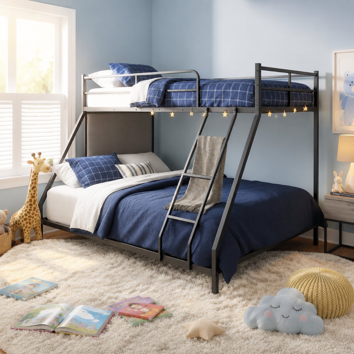 Welltin Stapelbed - 90x140 en 140x200 cm - Metaal - Met 2 Slaapplekken - Ruimtebesparend metalen bedframe - Eenpersoons Stapelbed - Stevig en stabiel - Zwart