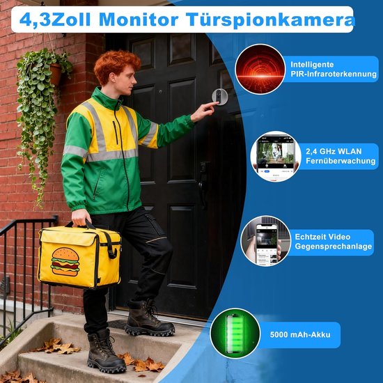 Draadloze Deurbel Camera - Beveiligingscamera Voordeur - Bezoekers Herkennen - 4.3 Inch Scherm - 1080p HD Resolutie - Zwart — afbeelding 4