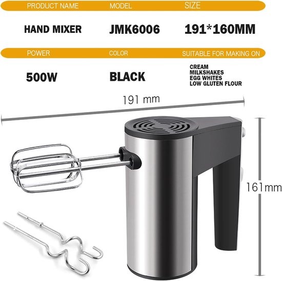 Elektrische handmixer - Keukenmixer klopper - Cakes koekjes maken - 5 snelheden turboboost - 500W vermogen - Zilver — afbeelding 5