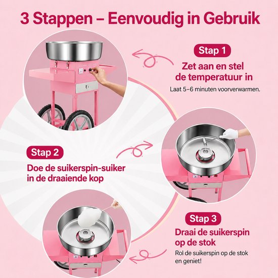 Seth Select Cotton Candy Machine met Kar - Elektrische Suikerspinmaker met Grote RVS Kom - Suikerspinmachine met Trolley - Pink van Seth Select — afbeelding 3