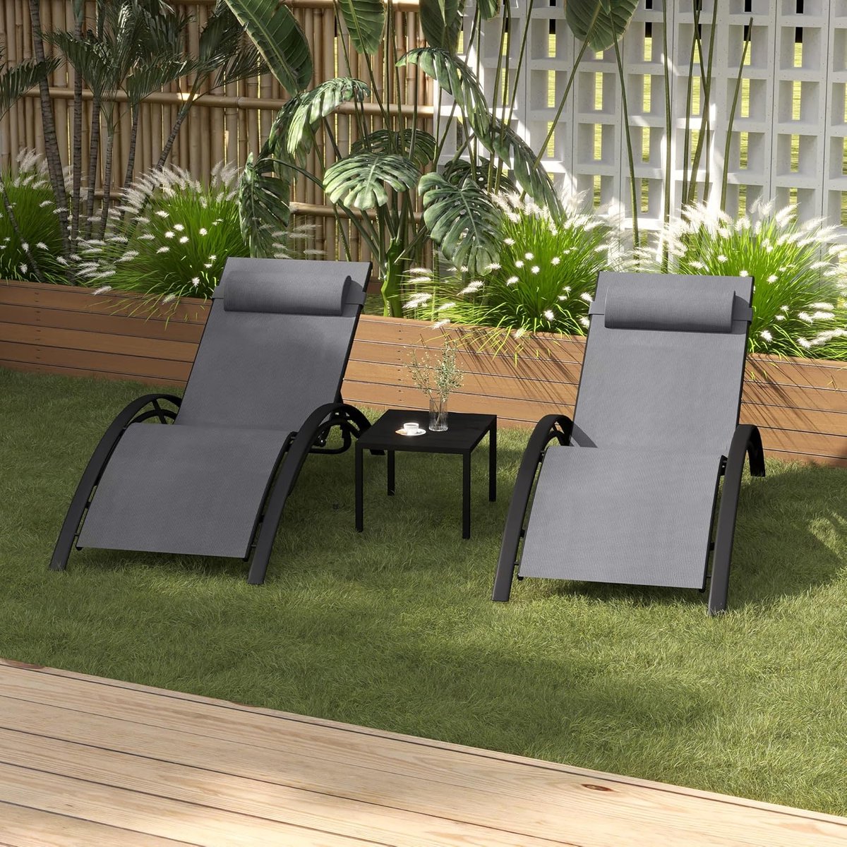 Purple Leaf Bains de soleil en aluminium avec coussins - Lot de 2 + table - Gris