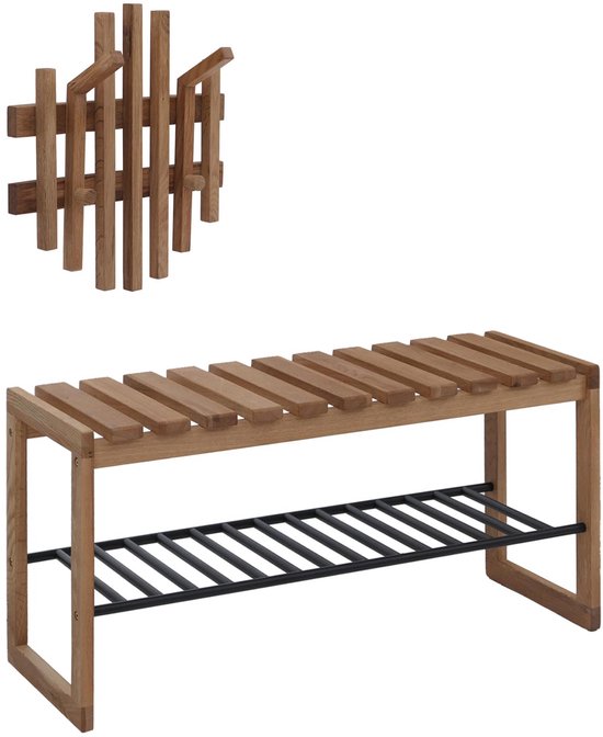 Houten garderobemeubel met bankje en schoenenrek. Inclusief wandpaneel met 4 haken.