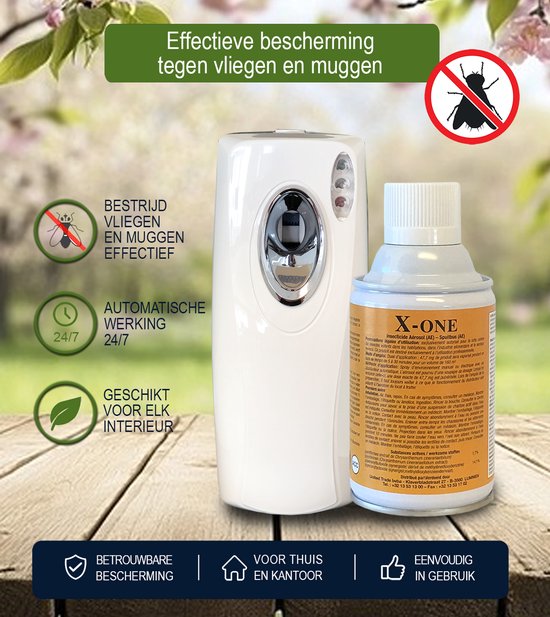 Automatische insectendispenser met een spuitbus 'X-ONE' in het Nederlands en een verbodsteken voor vliegen.