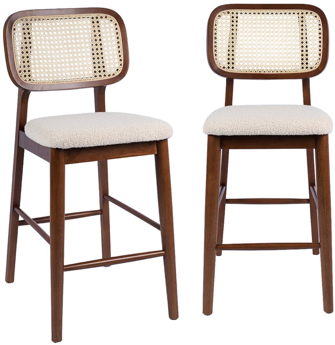 sweeek - Set van 2 barkrukken van rubberhout met rotan en bouclé 66,5 cm - mani