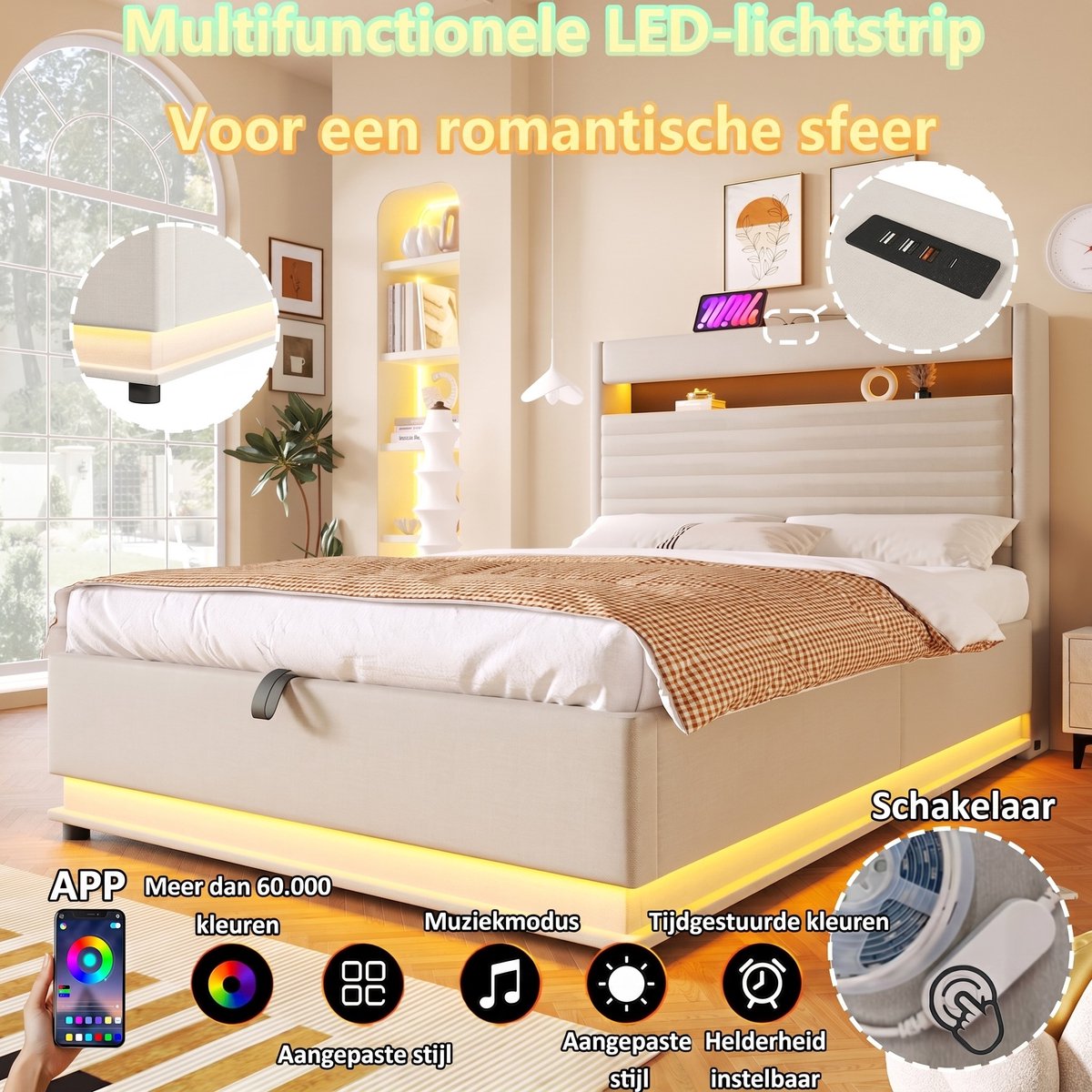 VVBV Bed met opbergruimte 140x200 / Gestoffeerd bed 140x200 / Tweepersoonsbed 140x200 – met Hydraulische Opbergruimte, LED-Verlichting, USB, USB-C – Linnen Beige
