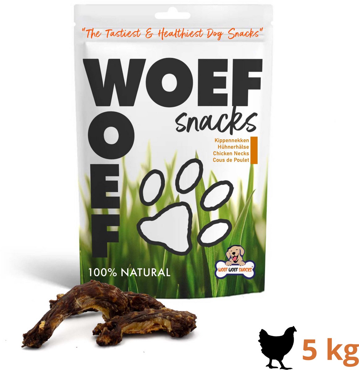 Woef Woef Snacks Hondensnacks Kippennekken 5.00 KG - Verwensnacks Hondensnoepjes - Gedroogd vlees - Kip - vanaf 3 maanden - Geen toevoegingen