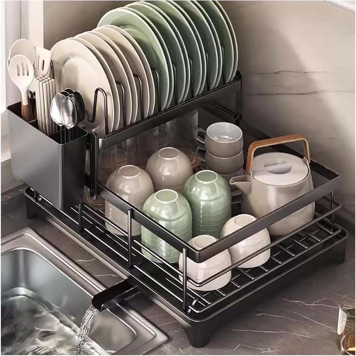 Afdruiprek Gootsteen - Keukenrek Dubbel - Keuken Organiseren - Roestvrij Staal - 2 Laags - Zwart