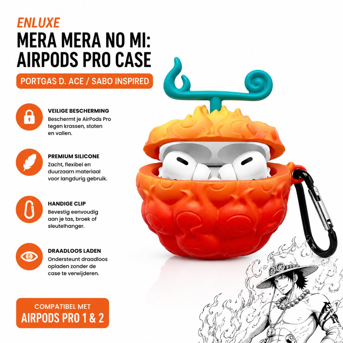 Enluxe - ''Geschikt voor'' AIRPODS 1 of 2 - The Mera Mera no Mi ''Portgas D. Ace, Sabo'' AirPod Case hoesje - One Piece Inspired Devil Fruit Design - Monkey D. Luffy Anime