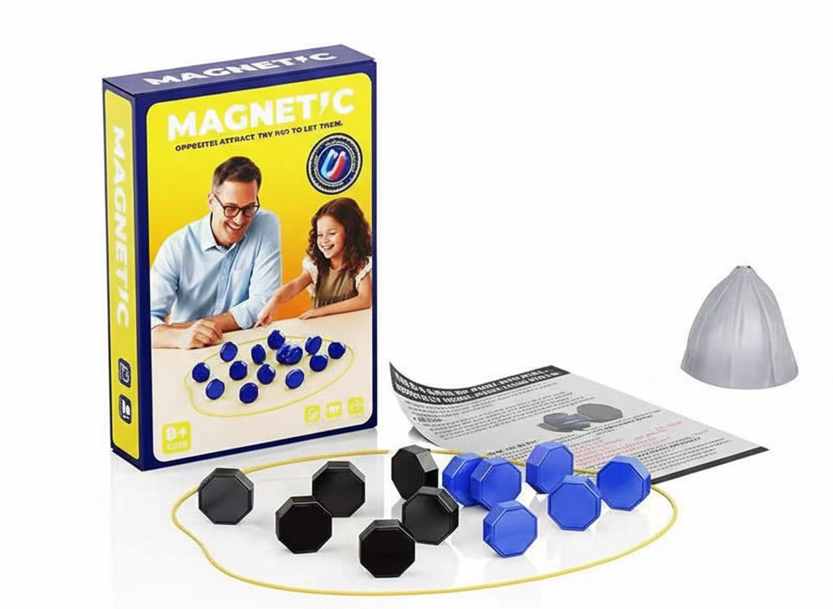 Flero Magneetspel, Magnetisch Schaakspel, Tafel Magneetspel - Magneetstenen Bordspel met Houten Bord, Touw en Opbergzakje - Strategisch Familiespel voor 1 tot 4 Spelers - Campingspel, Feestspel voor Familiebijeenkomsten, Reisspel (Blauw & Zwart)