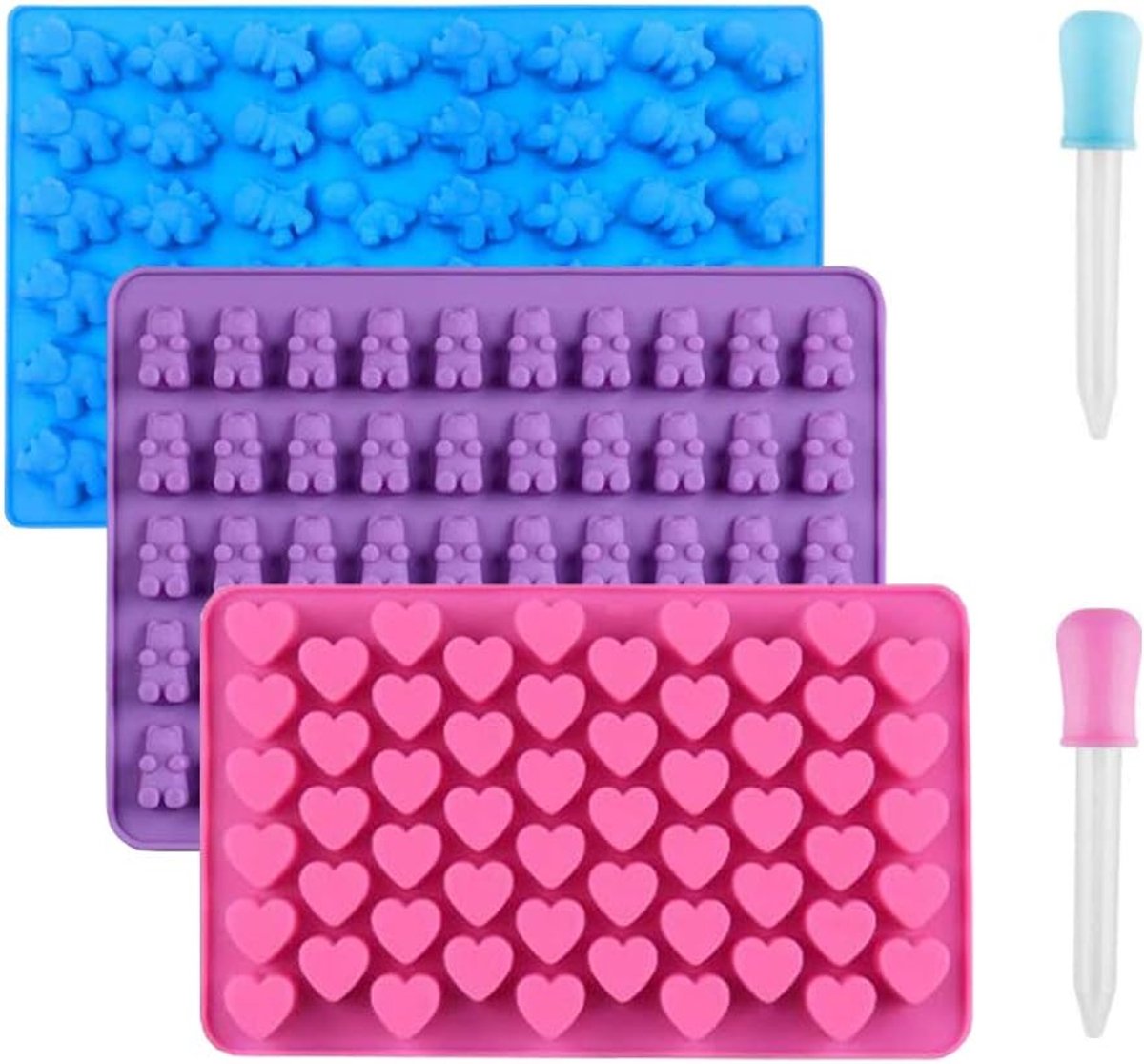 OLOEY Set van 3 siliconen chocoladevormen-herbruikbare snoepbakvorm-ijsblokjesbakvormen-snoepjes-benodigdheden maken met 2 druppelaars-anti-aanbak siliconen gummallen inclusief mini-dinosaurus-harten