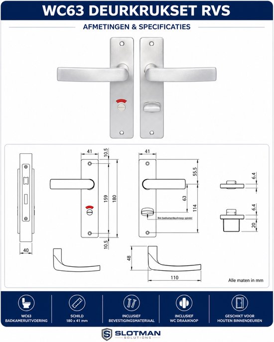 Zilverkleurige WC63 deurkrukset RVS met afmetingen en specificaties. Inclusief deurbeslag, wc-sluiting en draaiknop.