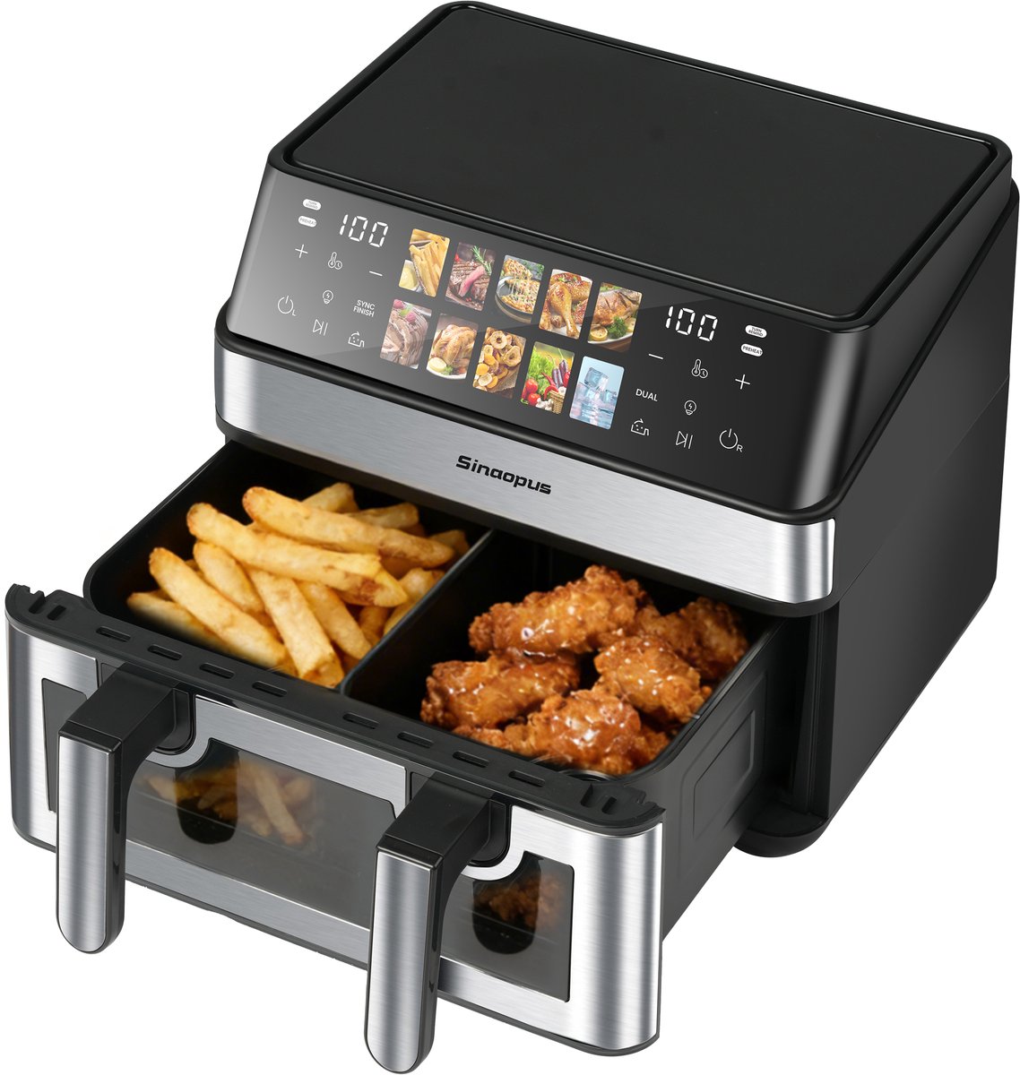 Sinaopus XXL Airfryer 8.5L – Met Dubbele Mand – 10 Kookprogramma’s – Onafhankelijke Snelle Opwarming – Geschikt voor Gezinnen – Kijkvenster – Eenvoudig te Reinigen – Capaciteit voor 4 tot 5 Personen
