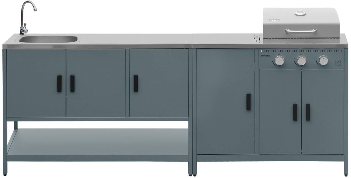 sweeek - 2 buitenkeukenmodules met gasbarbecue en gootsteen staal - naxos