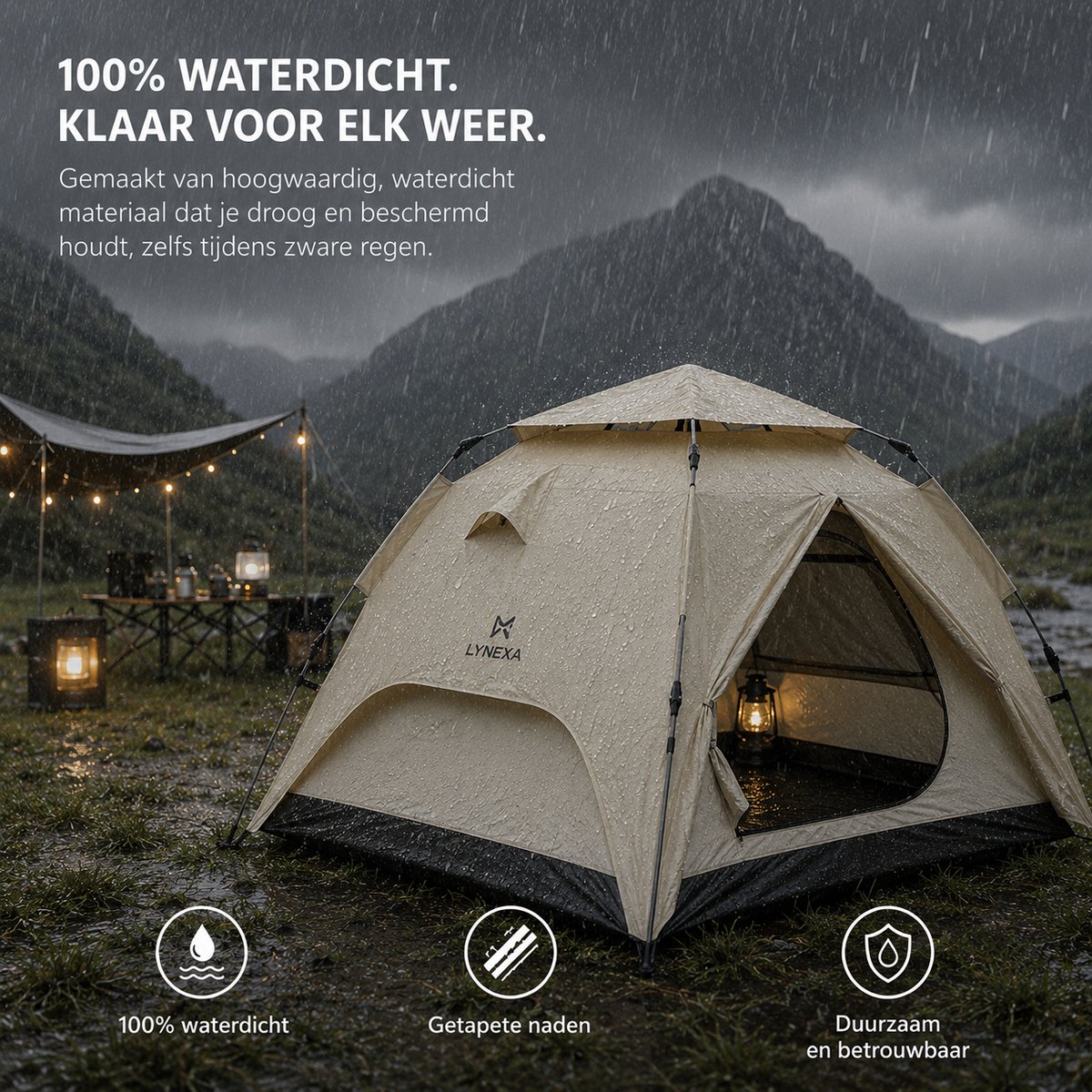 LYNEXA® Tent - Pop up Tent voor 2 tot 3 persoons - Waterdichte Kampeertent - Automatische Camping Tent -Snel Opzetbaar - UV Bescherming - Kamperen & Outdoor - Festival Tent - Lichtgewicht - Inclusief Draagtas & Campinglamp - 245x215x145cm - Zandkleur – foto 3