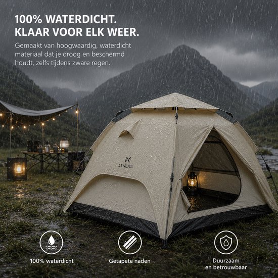 LYNEXA® Tent - Pop up Tent voor 2 tot 3 persoons - Waterdichte Kampeertent - Automatische Camping Tent -Snel Opzetbaar - UV Bescherming - Kamperen & Outdoor - Festival Tent - Lichtgewicht - Inclusief Draagtas & Campinglamp - 245x215x145cm - Zandkleur — afbeelding 3