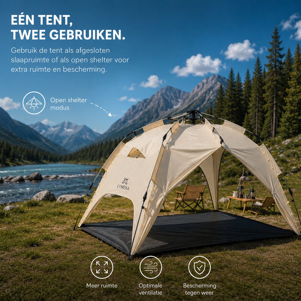 LYNEXA® Tent - Pop up Tent voor 2 tot 3 persoons - Waterdichte Kampeertent - Automatische Camping Tent -Snel Opzetbaar - UV Bescherming - Kamperen & Outdoor - Festival Tent - Lichtgewicht - Inclusief Draagtas & Campinglamp - 245x215x145cm - Zandkleur – foto 6