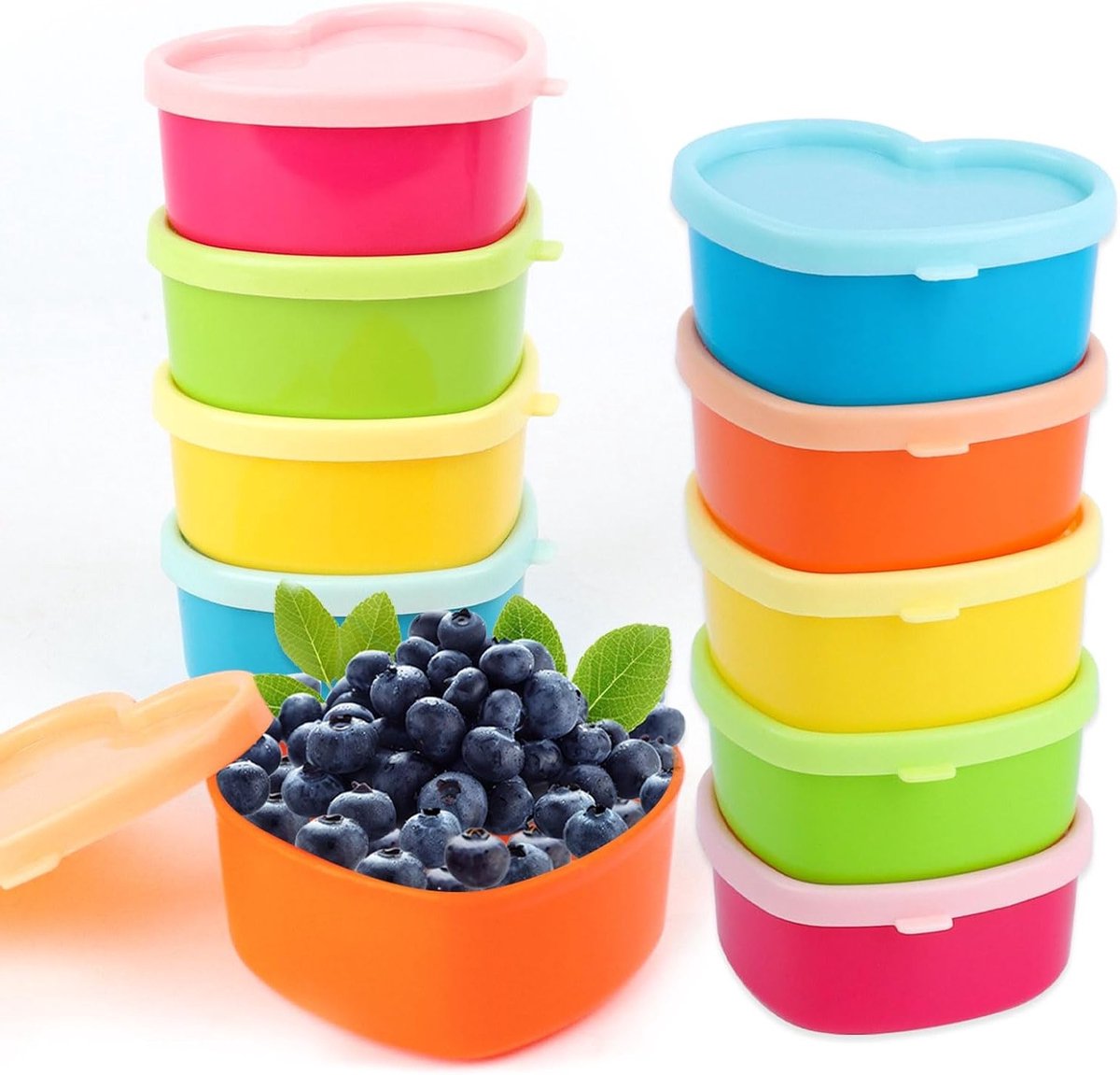 Set van 10 Kleine Hartvormige Plastic Blikjes met Deksel, Ideaal voor Snack- en Fruitopslag, Vriezerbestendig en Verkrijgbaar in 5 Kleuren