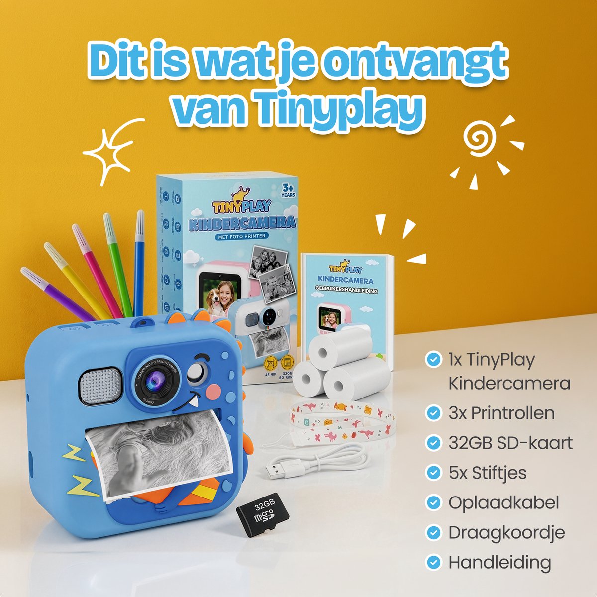 TinyPlay Kindercamera met foto printer - Siliconen Hoes - 48MP - Digitale Camera Kinderen - 32GB SD kaart - Full HD Foto en Video - Spelletjes - Fotoprinter - Kinder camera - Digitale kindercamera - Blauw — afbeelding 9