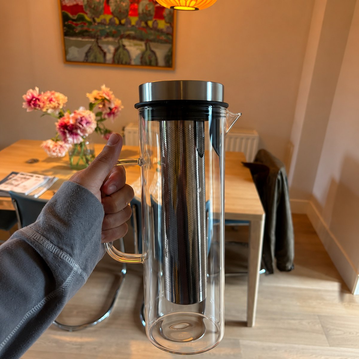 Aterra Waterkan Glas 1,5L met RVS Infuser (Karaf) - Borosilicaatglas - Hittebestendig - Losse Thee, Cold Brew & Fruitwater - BPA-vrij - Druppelvrij - Vaatwasmachinebestendig - Past in Koelkast — afbeelding 7