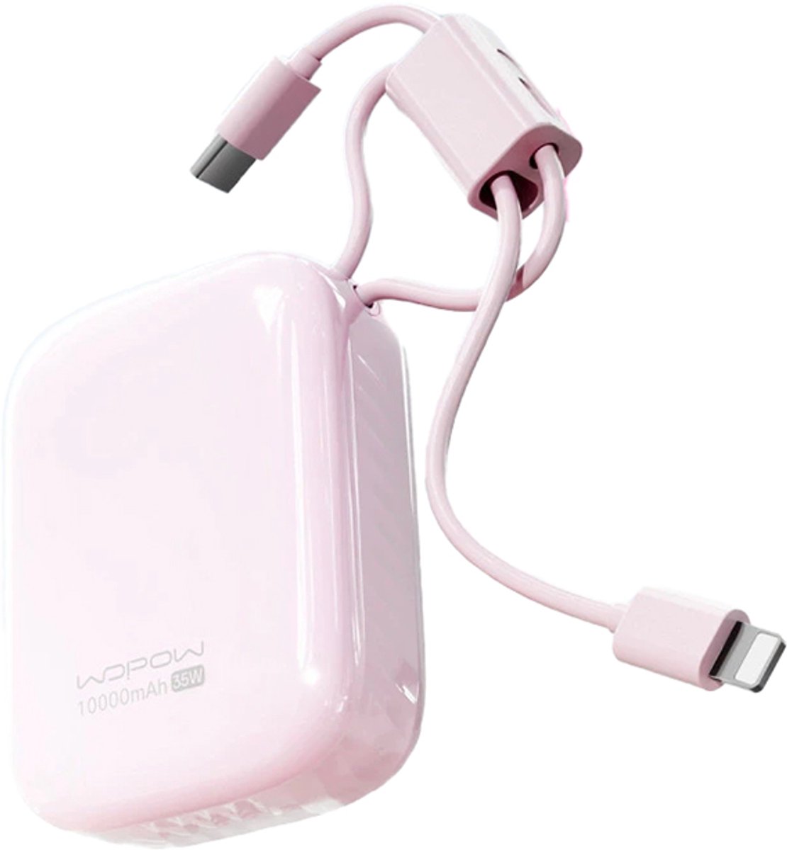 Wopow Powerbank met ingebouwde USB-C & Lightning kabels + USB-A & USB-C poorten, SQ79, 10.000mah, 35W, Roze, 6933185738298