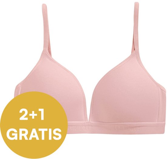 Lichtroze voorgevormde bh van Ten Cate met brede band in de taille. Een gele cirkel met '2+1 GRATIS' staat op de borst.