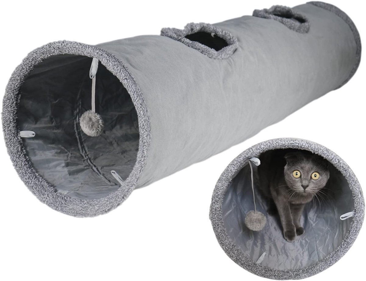 Kattentunnel 130 cm Groot – Kat Tunnel Speelgoed met Bal – Opvouwbare Speeltunnel Kat – Katten Speelgoed Binnen – Tunnel voor Grote Katten & Konijnen – Kattenspeelgoed Interactief met Kijkgaten