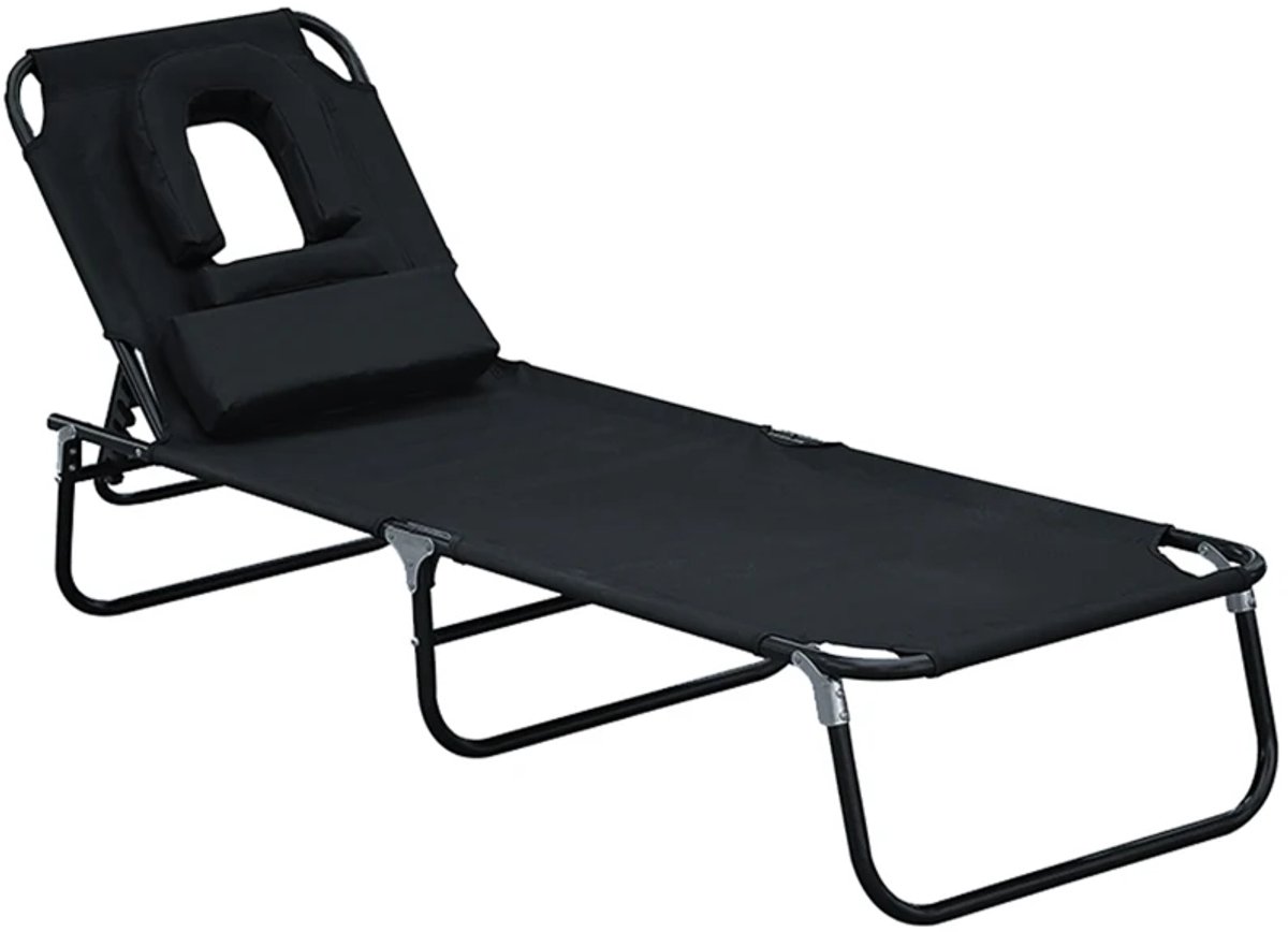 Opklapbare Ligbed met Hoofdsteun - Ligstoel met 4-standen Verstelbare Rugleuning - Tuinstoel - Strandstoel - Campingligstoel - tot 120 kg - Zonnebed - Relaxstoel voor Tuin, Terras, Zwembad & Balkon - Zwart