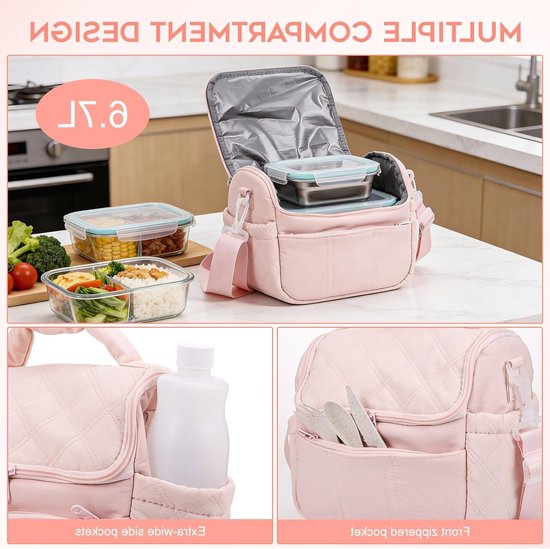 Schattige Geïsoleerde Koeltas voor Dames, Multifunctionele Lunchtas voor Werk en Picknick, Lekvrije en Zachte Koeltas in Roze Kleur — afbeelding 4