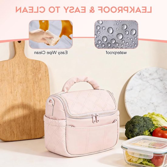 Schattige Geïsoleerde Koeltas voor Dames, Multifunctionele Lunchtas voor Werk en Picknick, Lekvrije en Zachte Koeltas in Roze Kleur — afbeelding 5