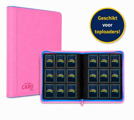TradingCardPro® Toploader Verzamelmap met Ritssluiting - Geschikt voor Pokemon kaarten – 288 Kaarten – 16 pagina’s – 9 Pocket - Binder – Roze met blauwe details