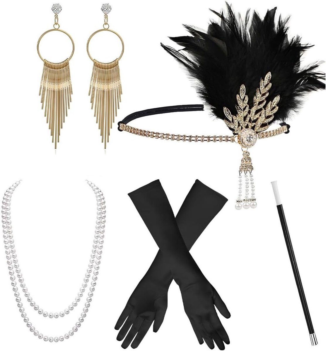 Accessoireset jaren 20 voor dames met verenband, oorbellen, lange handschoenen en parelketting voor themafeesten en kostuums