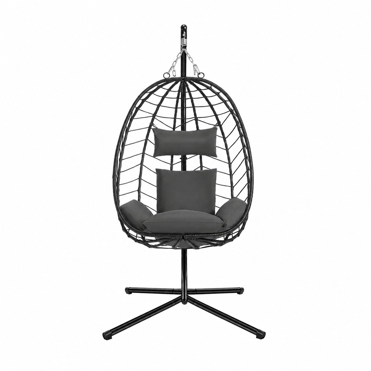 Sello! hangende ei stoel – schommelstoel – metalen frame – binnen en buiten – zachte kussens – antislipvoetjes – donkergrijs