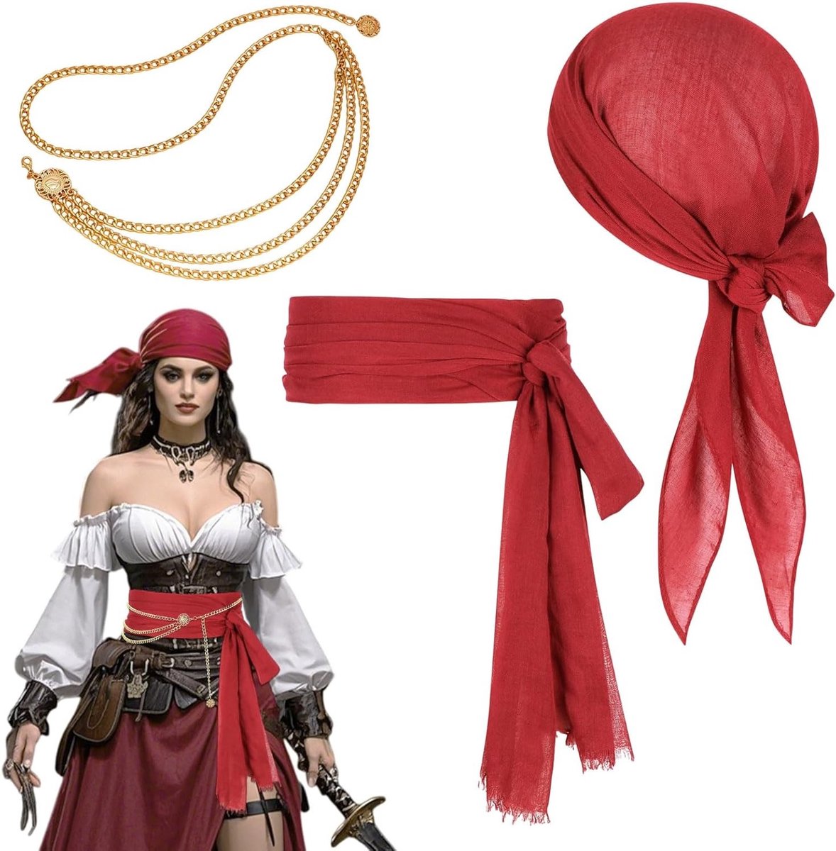 Piratenkostuum met accessoires voor een onvergetelijk piratenfeest - riem, hoofdband en ketting inbegrepen