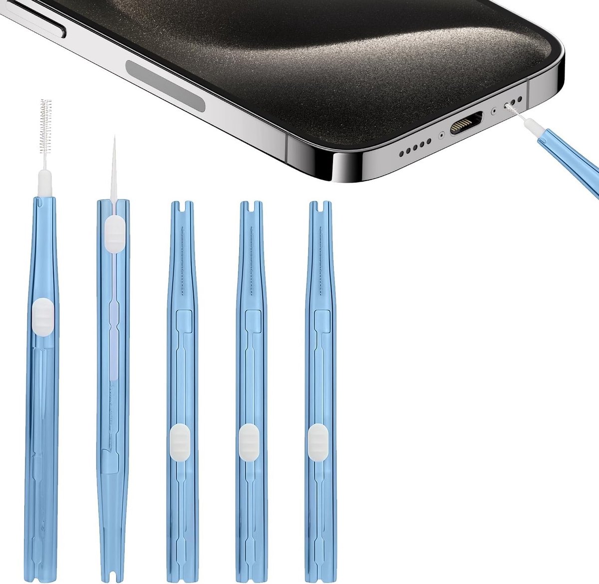 5-delige Reinigingsset voor Oplaadpoorten, Dubbelzijdige Mini Borstel en Haak, USB-C Reinigingskit voor Telefoon, Oordopjes en Luidsprekers