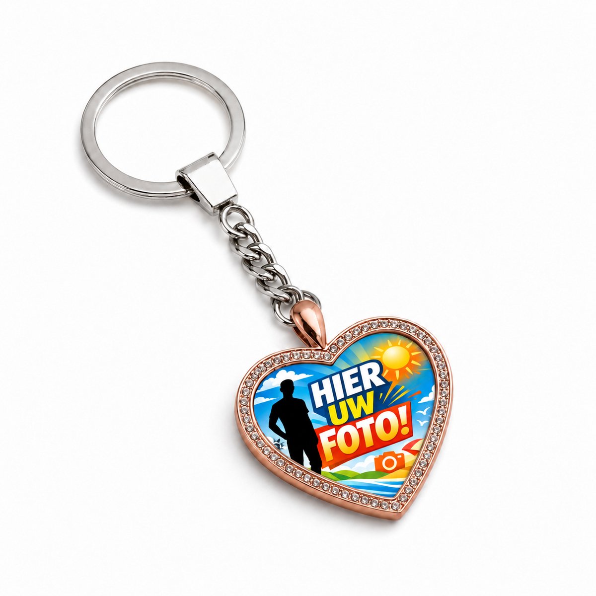 Gepersonaliseerde Hart Sleutelhanger met Foto en Gravure – Roségoudkleurige Hartvormige Sleutelring met Fotoprint op Voorzijde en Naamgravure op Achterzijde – Persoonlijk Cadeau voor Haar en Hem