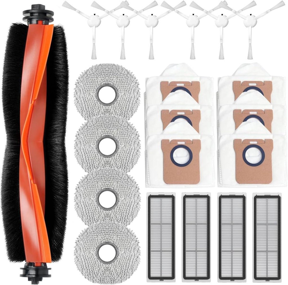 Deze 21-delige accessoire set Geschikt voor de stofzuiger is compatibel met Xiaomi X20+/X10+ en bevat: 1 hoofdborstel, 6 stofzakken, 4 dweilen, 6 zijborstels en 4 filters.