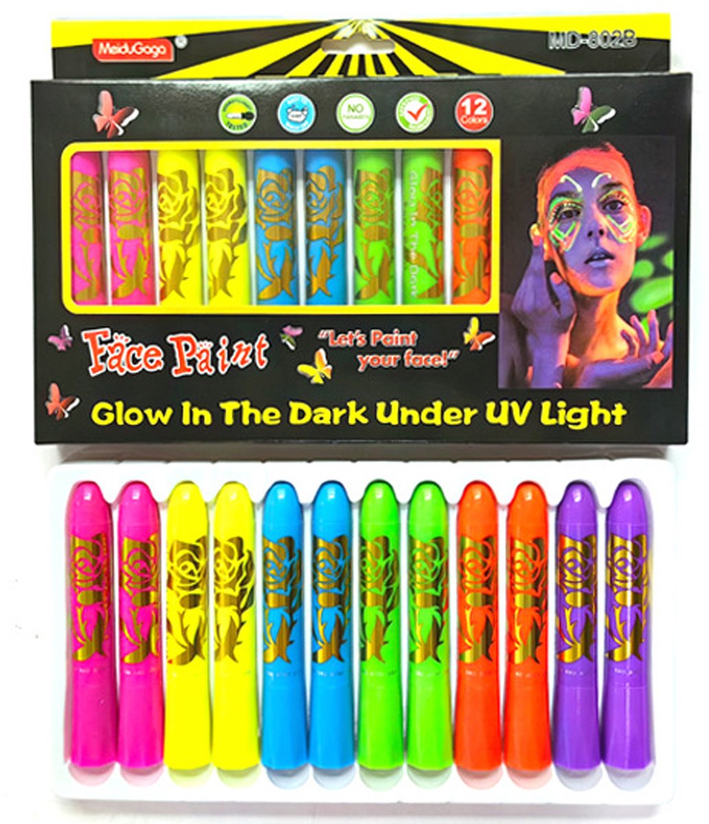 Schminkstiften - Schmink Set Krijtjes - 6 kleuren, 12 stuks -Fluoriserend UV Neon Glow in the Dark Krijtjes-Giftige Gezichtsverfkrijtjes voor Halloween Cosplay Make-up-Helderste Glow onder UV-Licht — afbeelding 4