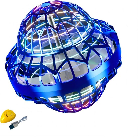 Blauwe vliegende bal met opengewerkte behuizing en veelkleurige LED-verlichting. Inclusief gele afstandsbediening en USB-kabel.