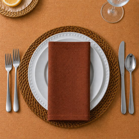 Gedekte tafel met een terracotta servet op een wit bord, omringd door bestek en een placemat.