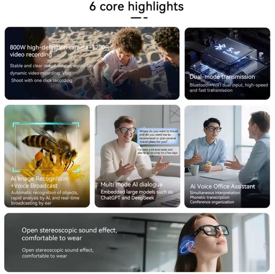 Smart Bril met Camera - Ai Smart Glasses - 8MP - Ai Slimme Zonnebril - 1080p Full Hd Spycam - Smartglasses met Bluetooth - Blauw Licht Filter Glazen - Nederlandse App - Wifi - Zwart — afbeelding 4