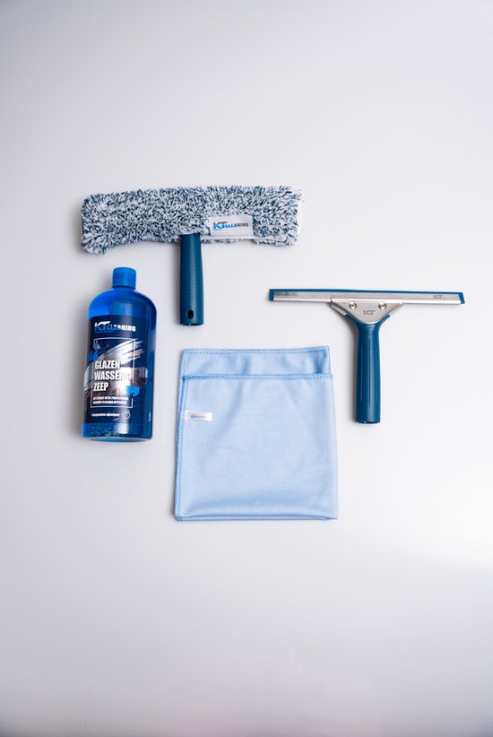 KT Cleaning Glazenwasserset 4-in-1 – Inclusief 35cm Raamwisser, Inwasser, Microvezeldoekje & Zeep