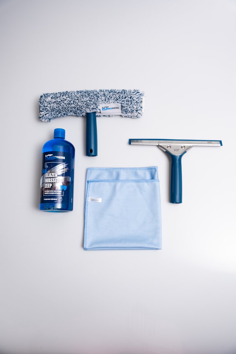 KT Cleaning Glazenwasserset 5-in-1 – Inclusief 35cm Raamwisser, Inwasser, Microvezeldoekje, Emmer & Zeep